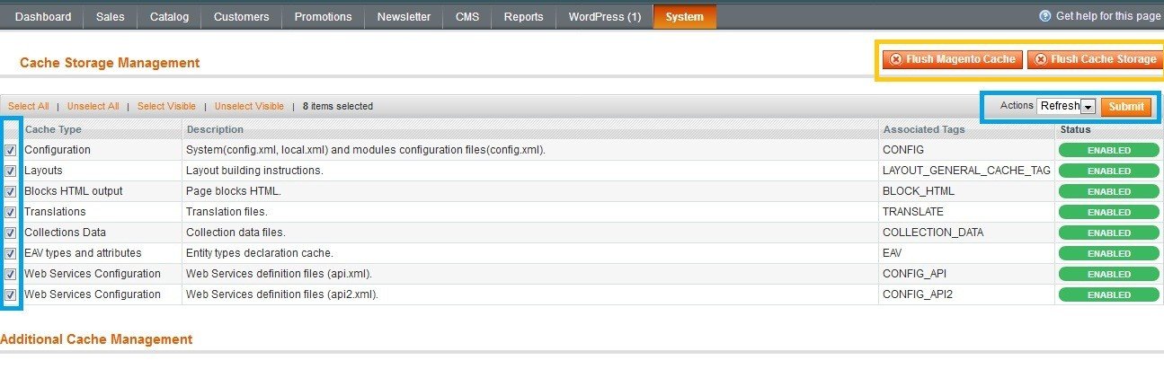 Magento clear cache in the admin panel