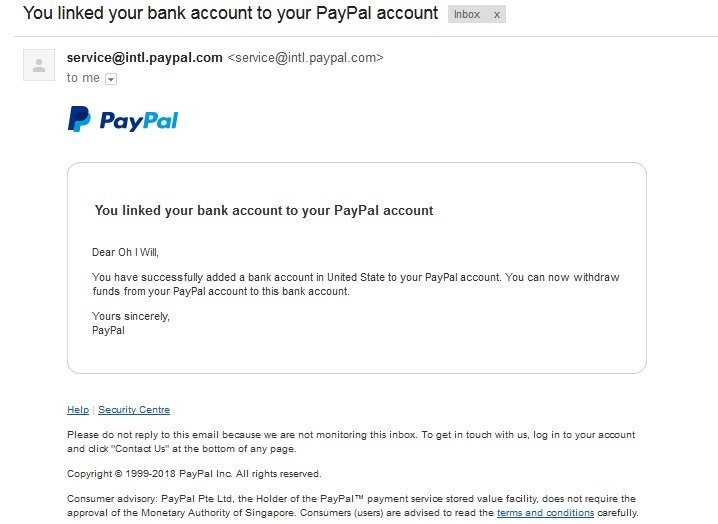 Email notify for link card and bank account to Paypal - ohiwill