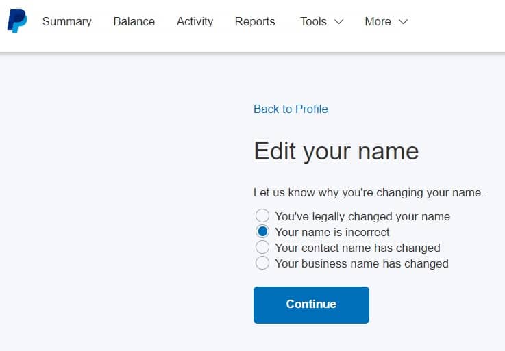 paypal change account edit reasonable continue option think select button side right