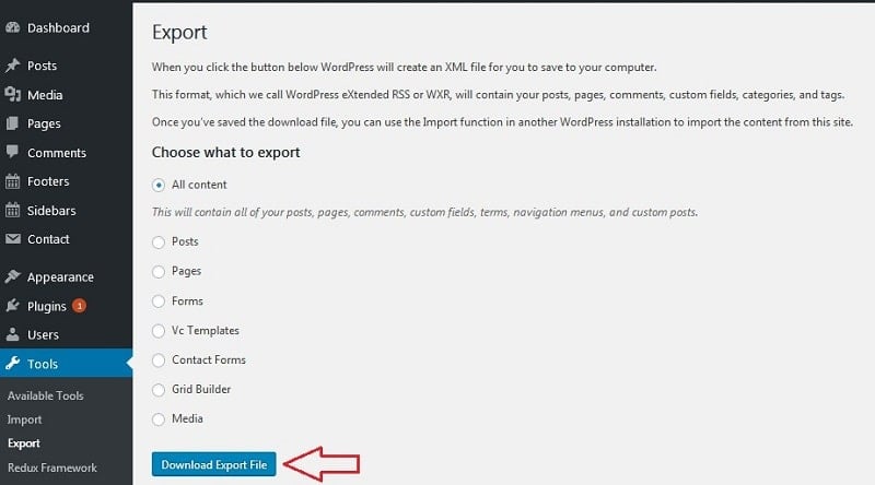 WordPress download export file