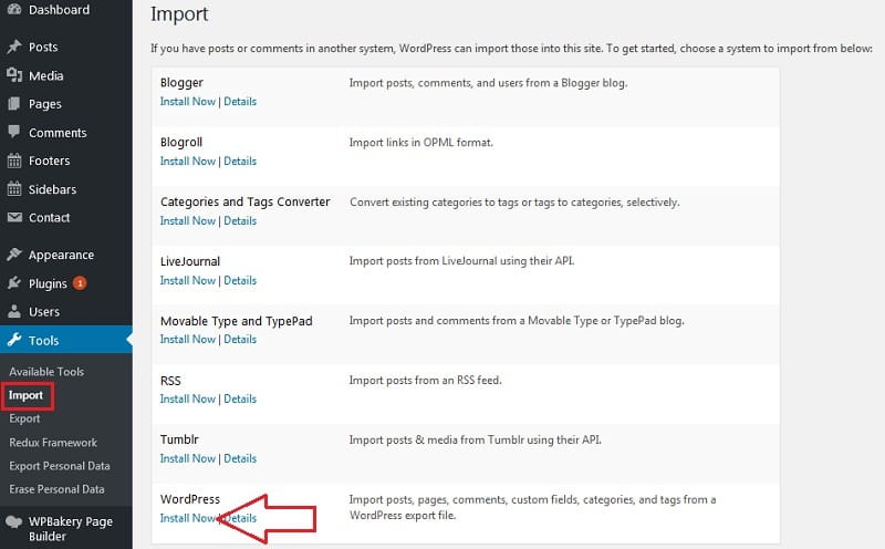 WordPress import from a export file