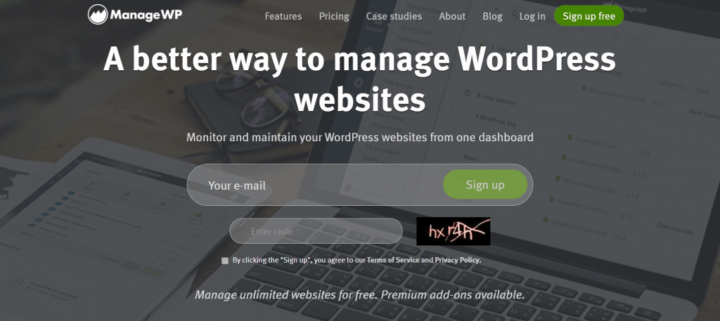 The ManageWP homepage.