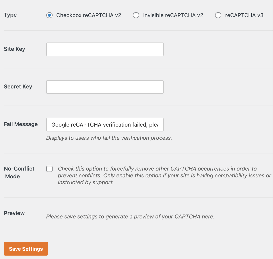 The reCAPTCHA settings in WPForms