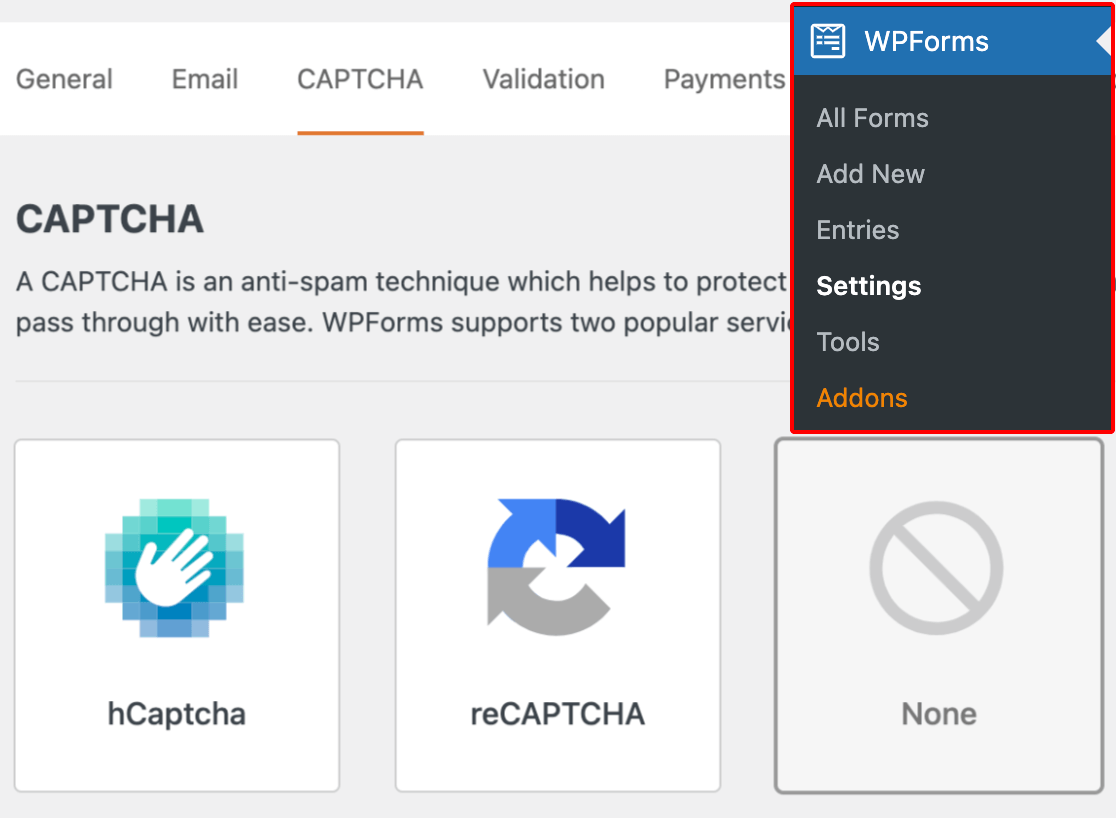 Opening the WPForms CAPTCHA settings