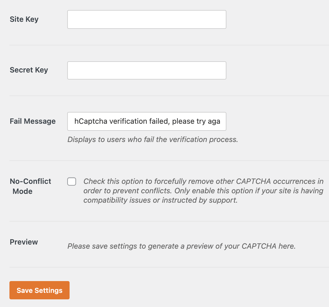 The hCaptcha settings in WPForms