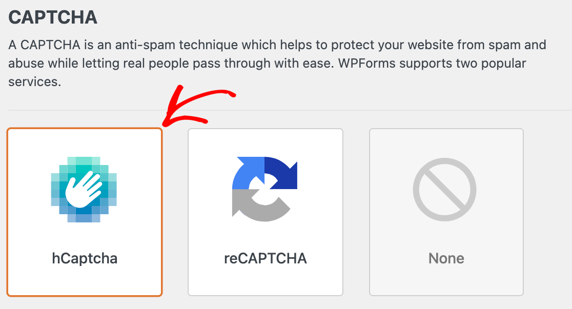 Selecting hCaptcha in the WPForms settings