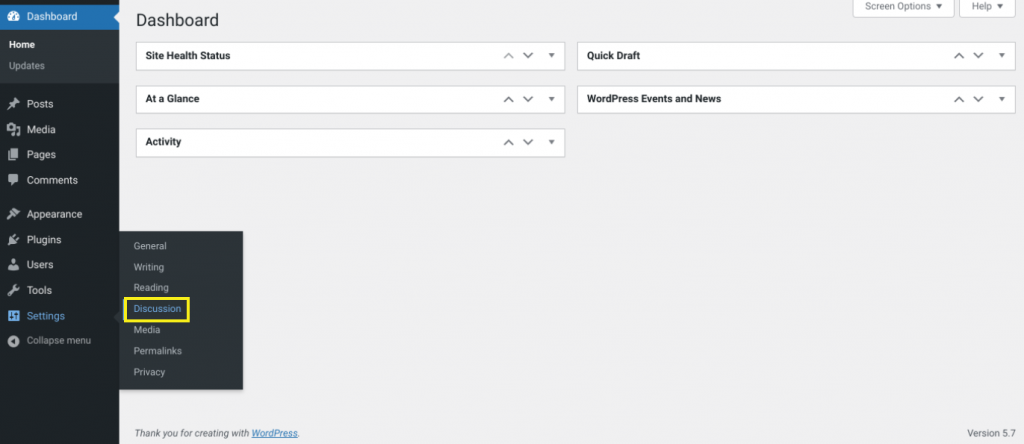 The discussion section of the WordPress settings menu.